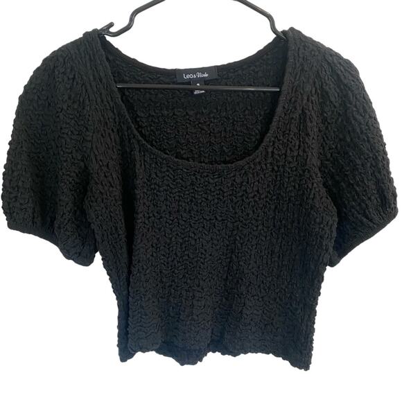 Lea & Viola Anthropologie puff short sleeve textured crop top Black stretchy S - Picture 6 of 9